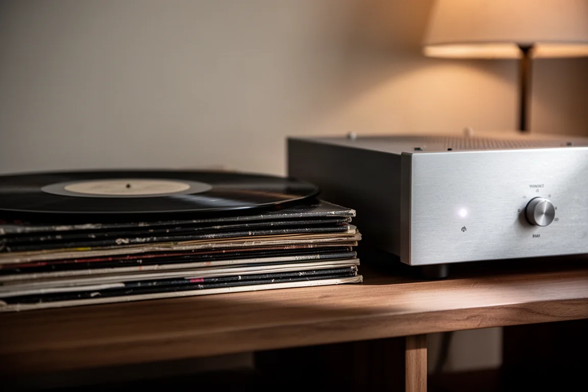 Discos de vinilo apilados en un estante de madera junto a un amplificador de aluminio cepillado bajo una luz cálida