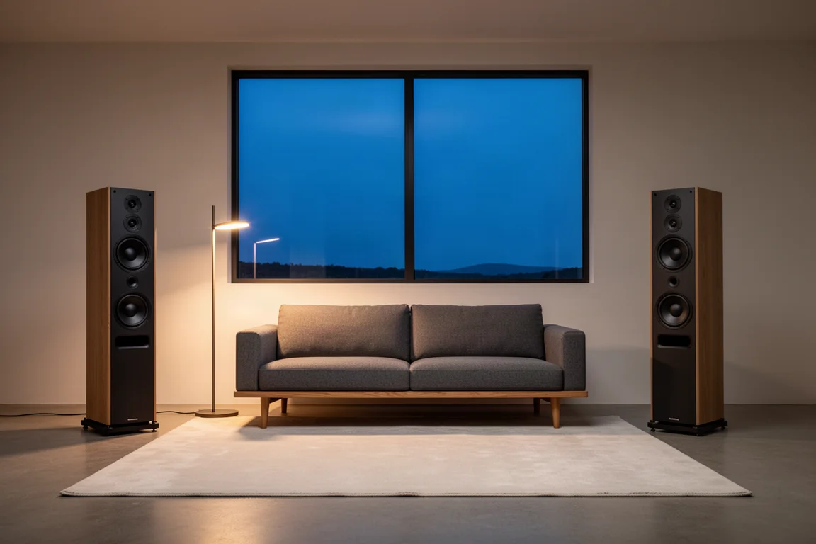 Salón minimalista al atardecer con dos altavoces de suelo flanqueando un sofá bajo