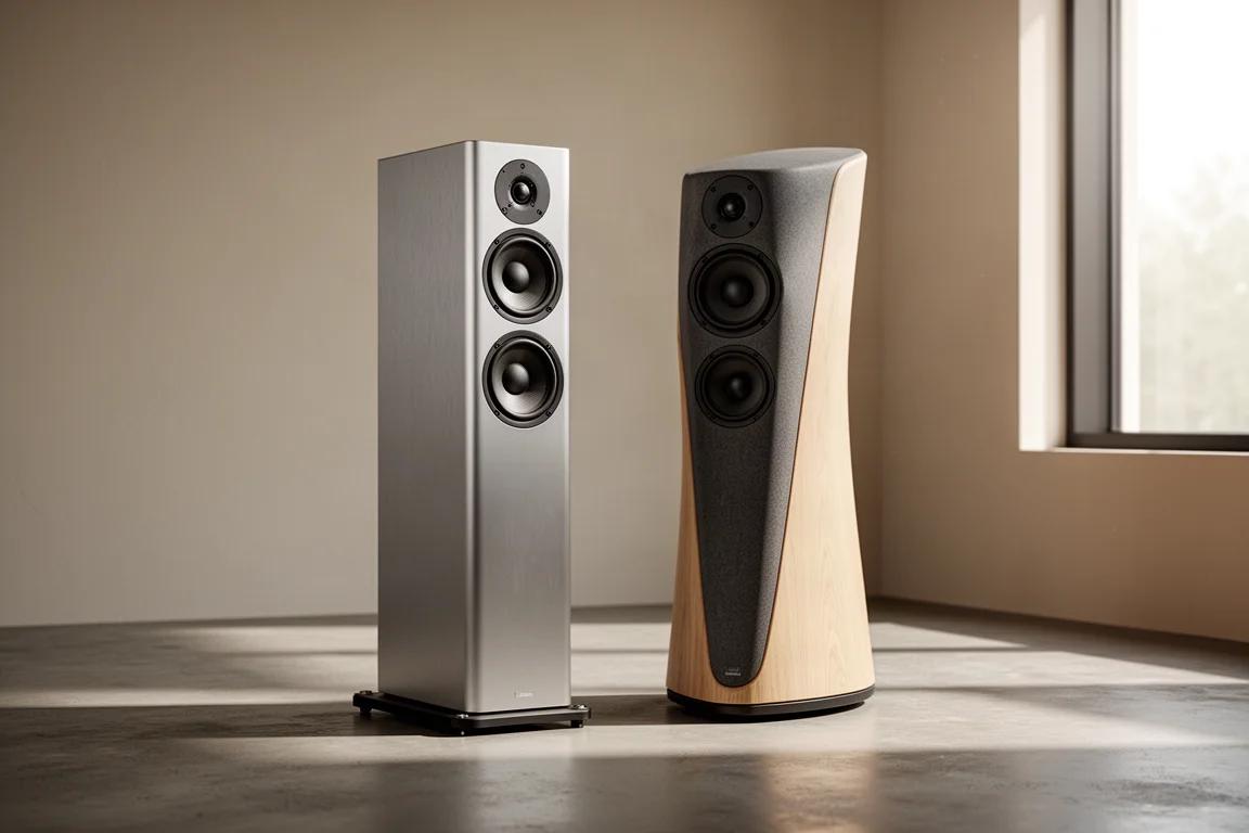 Two floorstanding loudspeakers with aluminium and curved composite cabinets in a minimal listening room