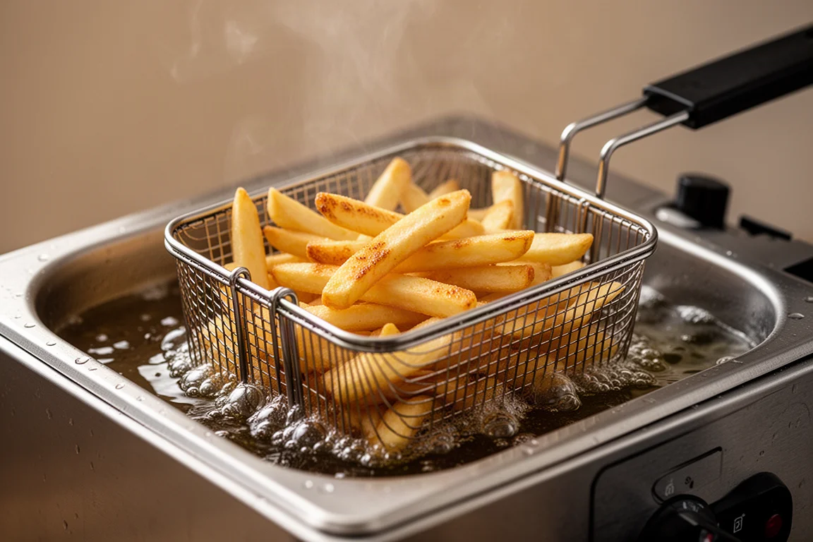 Golden fries frying in hot oil inside a countertop deep fryer basket