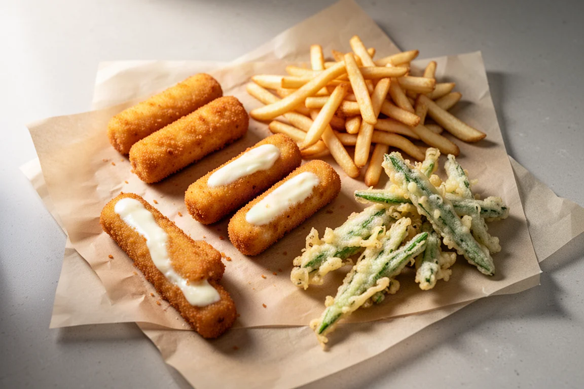 Crisp fried mozzarella sticks and tempura arranged on parchment paper