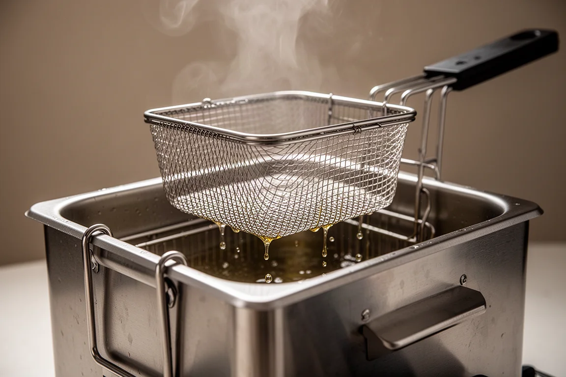 Hands lifting a mesh fry basket from a deep fryer with high side walls