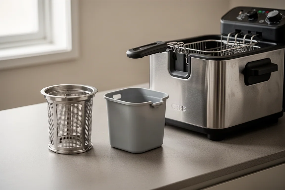 Detachable oil filter and storage reservoir components of a deep fryer on a counter