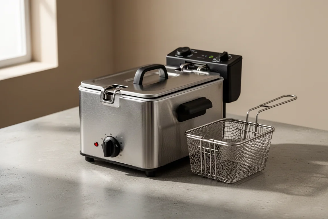 Stainless steel countertop deep fryer with lid and mesh fry basket on a kitchen counter