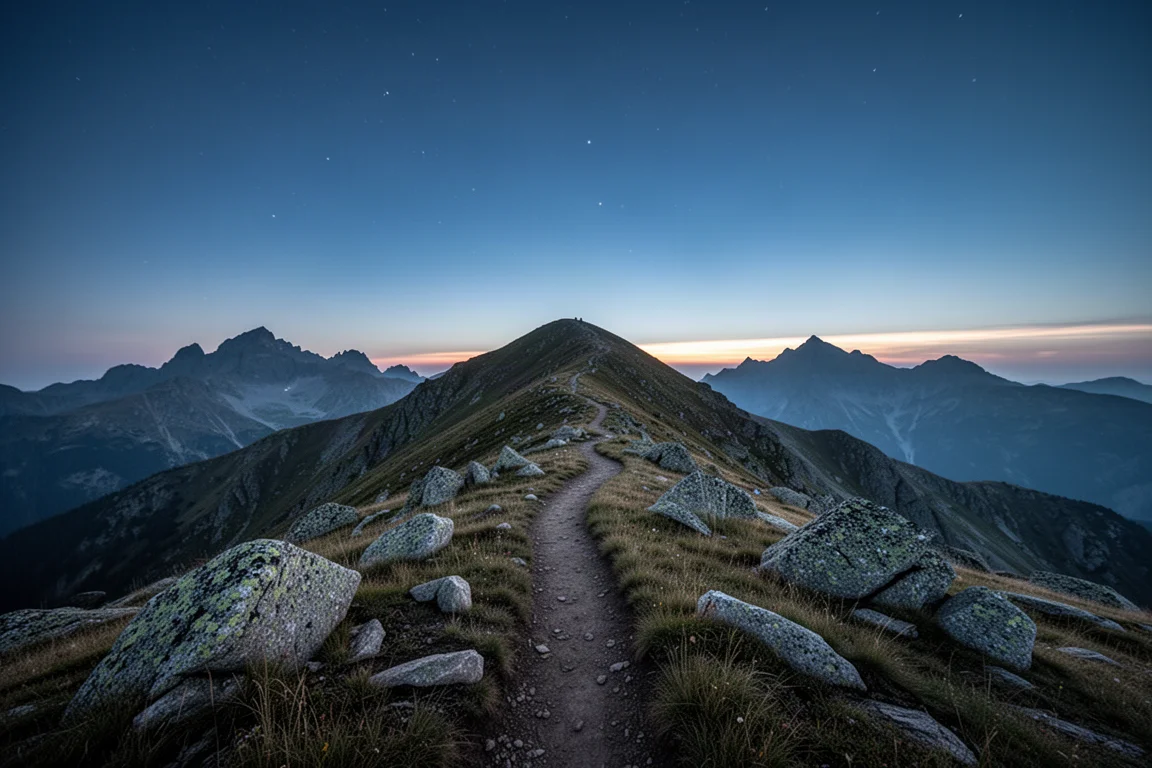 Alpine ridge trail at dusk with first stars above distant peaks