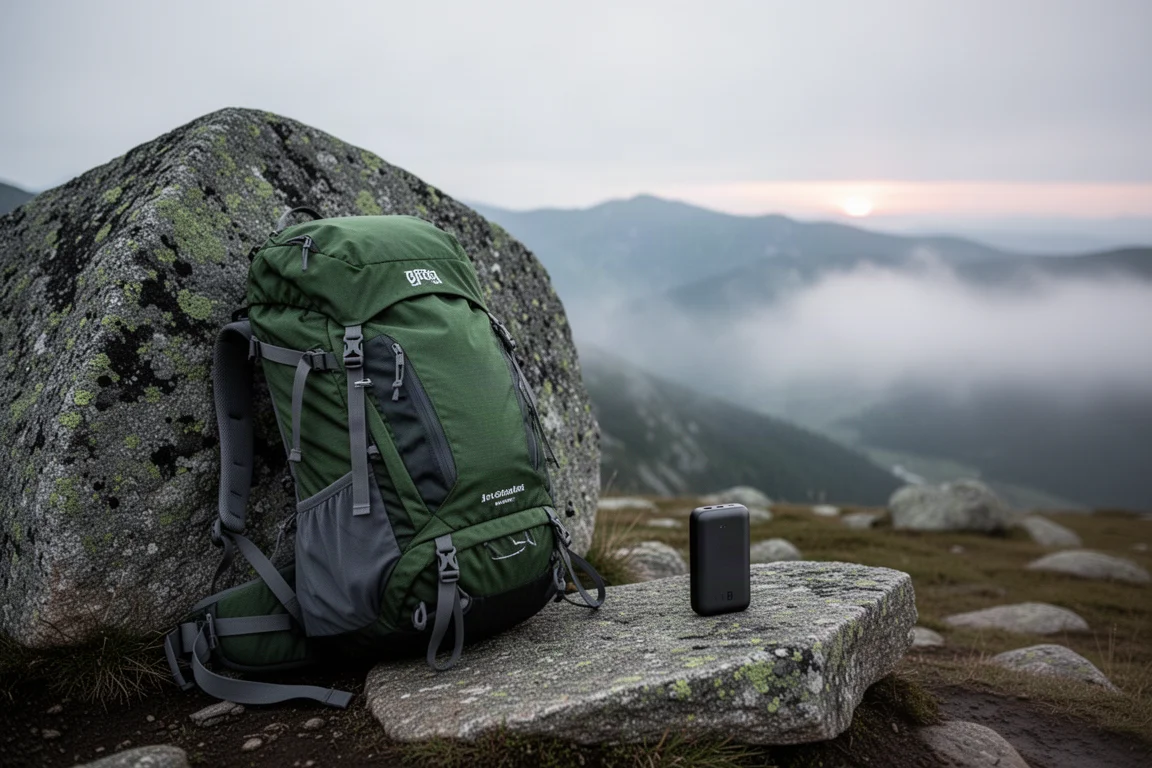 Trekking backpack and power bank on a misty mountain plateau at dawn