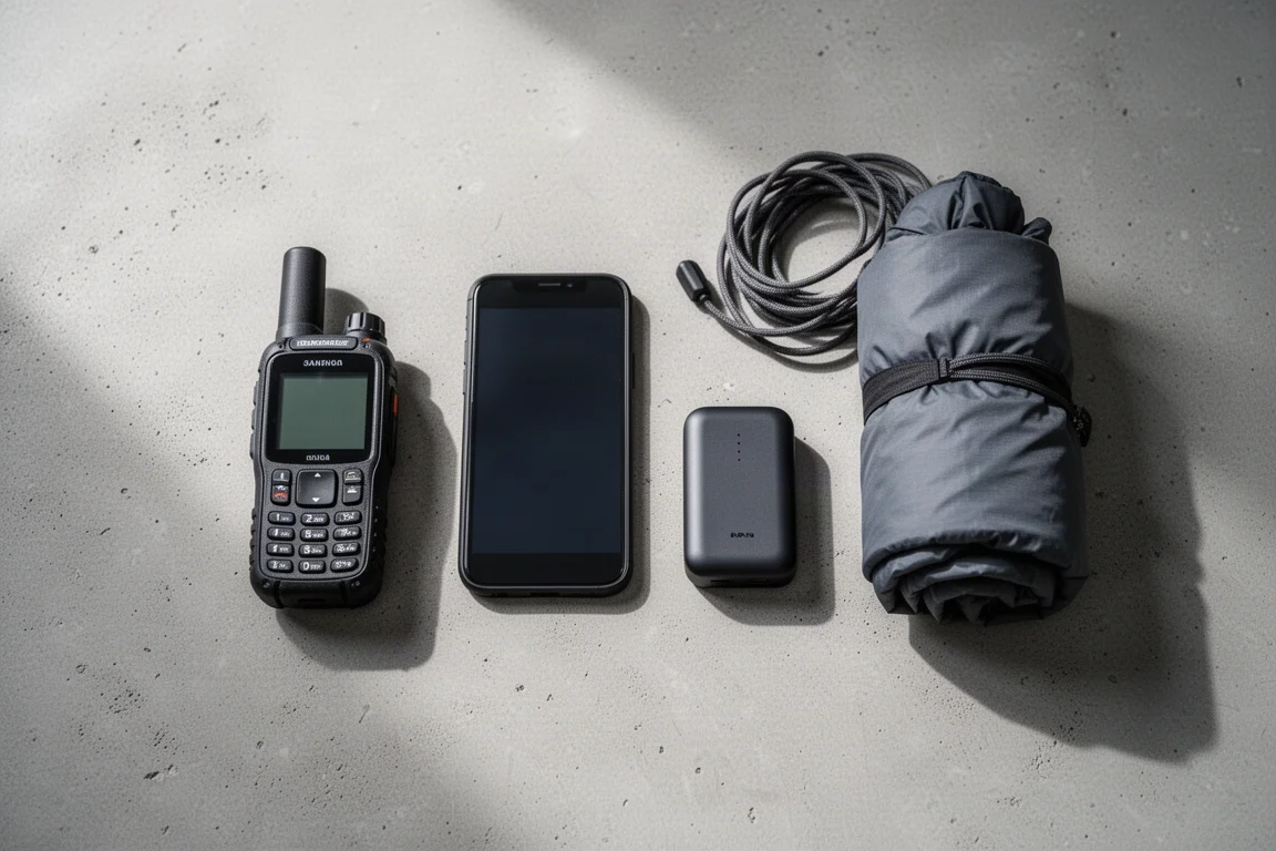 Overhead flat-lay of satellite communicator, phone and power bank on concrete
