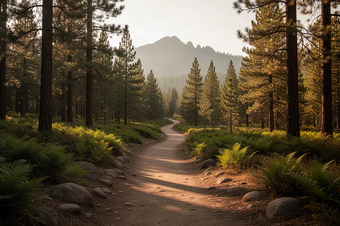 Dirt trail through pine forest leading toward a distant mountain ridge