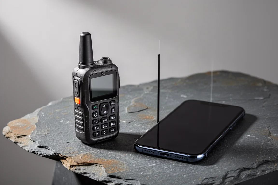 Robuster Satellitenkommunikator und Smartphone nebeneinander auf einer Schieferfläche