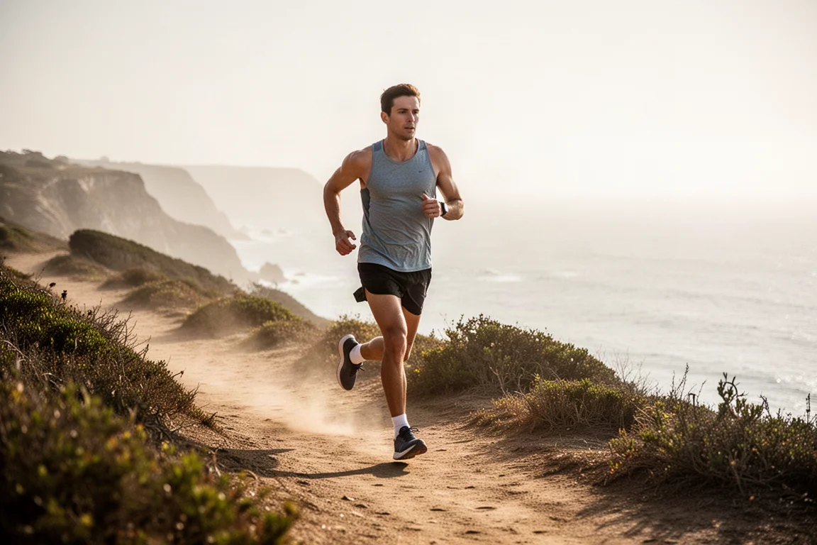 Un runner su un sentiero costiero soleggiato con caldo intenso