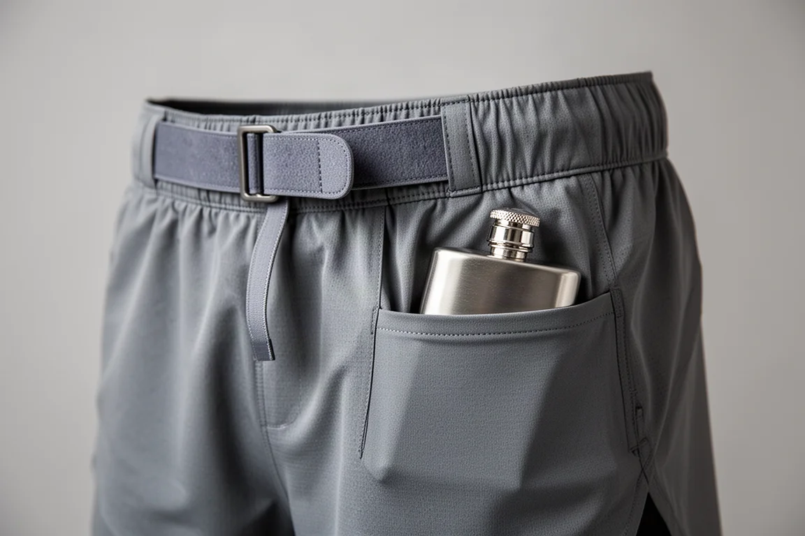 Primo piano della tasca a cintura sui pantaloncini da running con una soft flask