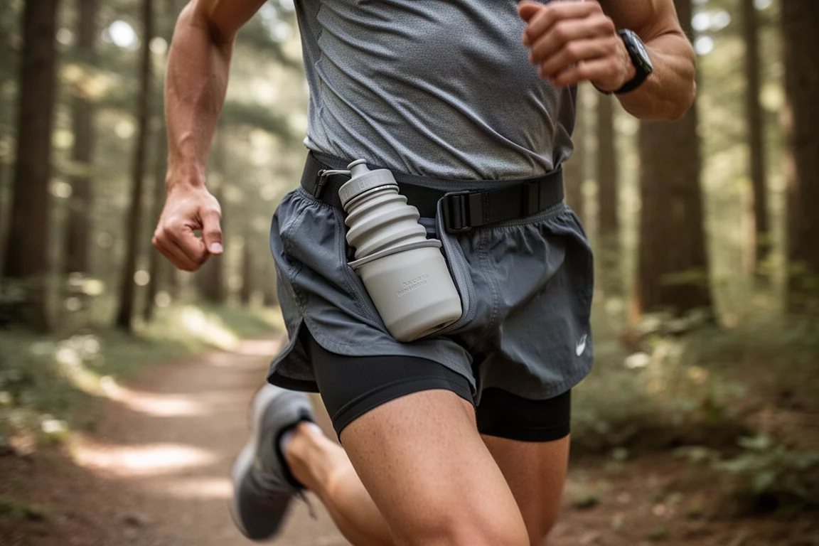 Soft flask riposta in una cintura da running durante un trail run