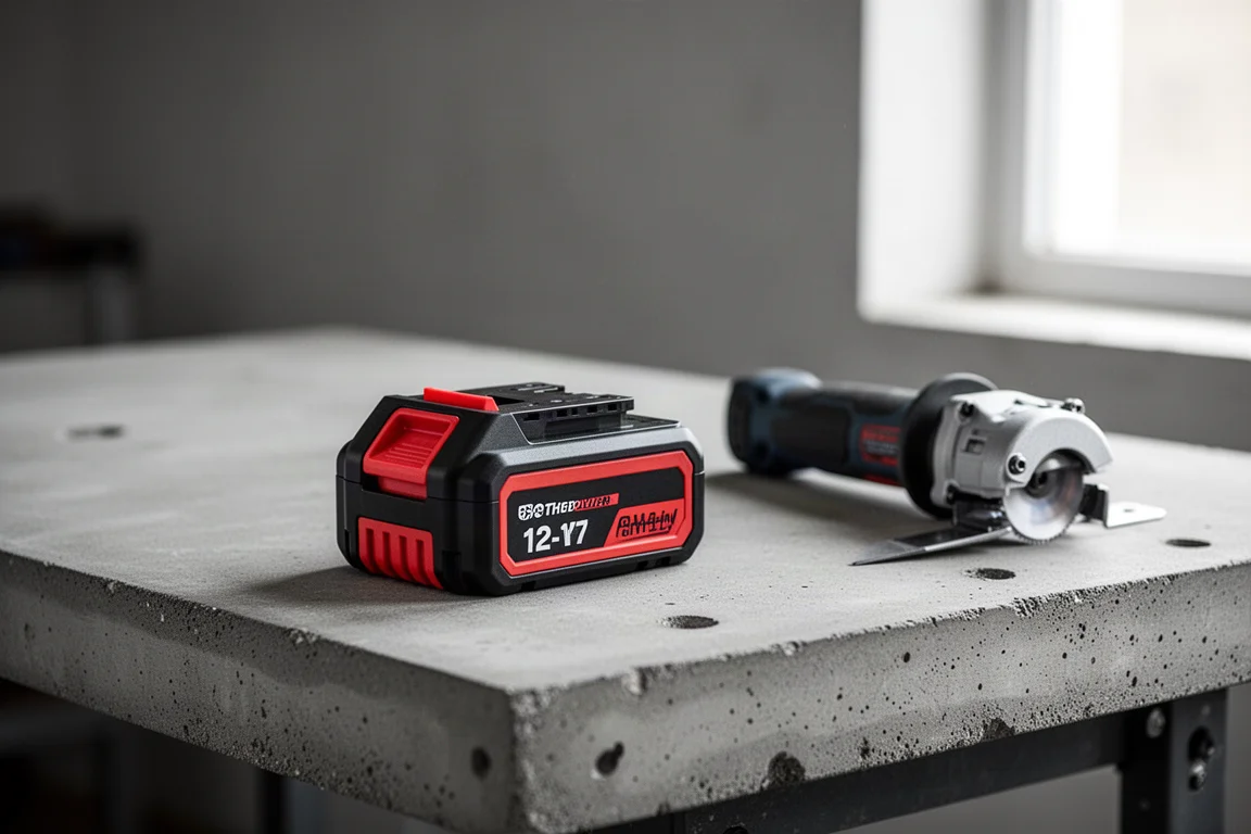 Pack de batterie compact 12 volts pour outil électrique sur un établi en béton
