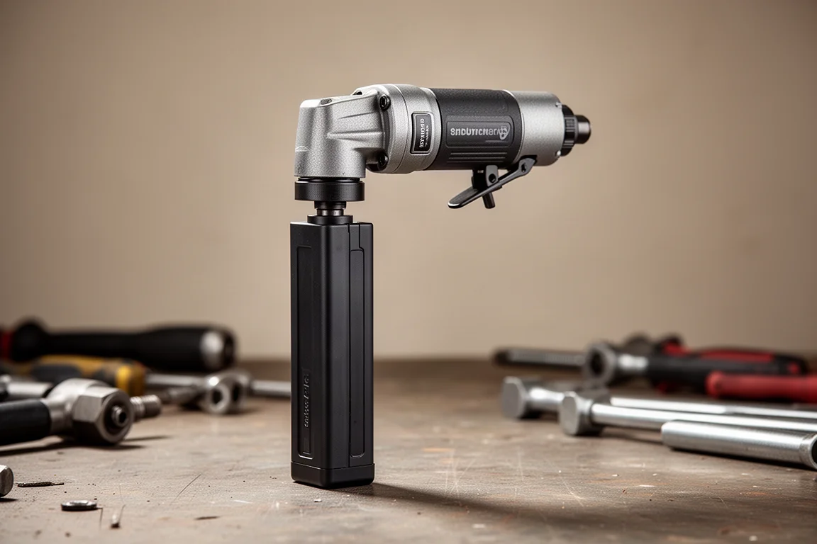 Prototype de batterie au format chargeur allongé fixé à une meuleuse d'angle droite