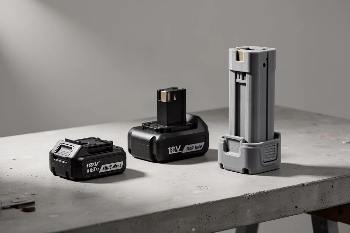 Assorted cordless tool batteries including a compact pack, an 18V pack, and a tall magazine-style prototype on a concrete workbench