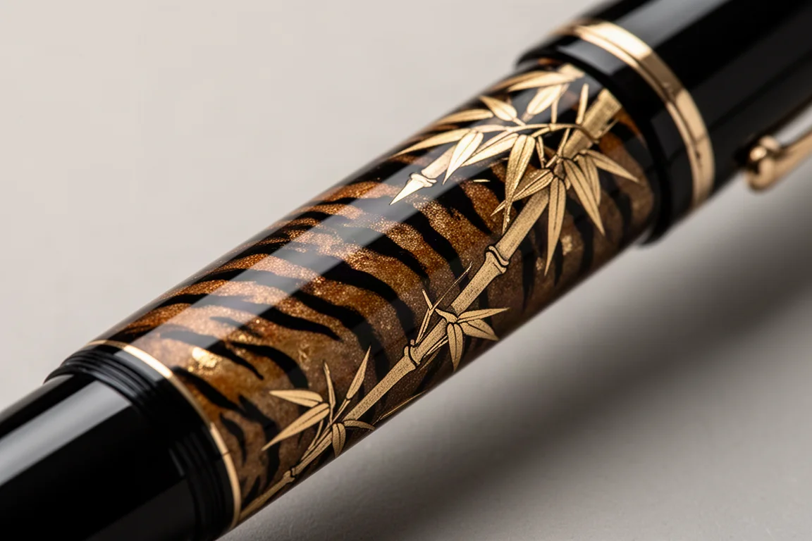 Handgraviertes goldenes Tigermotiv auf einem schwarzen Urushi-Lackschaft