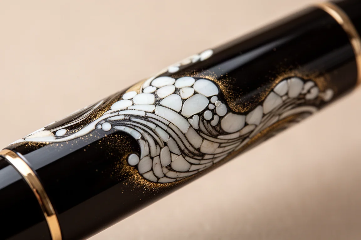 Primo piano del motivo intarsiato di gusci d'uovo bianchi su lacca urushi nera sul fusto della penna