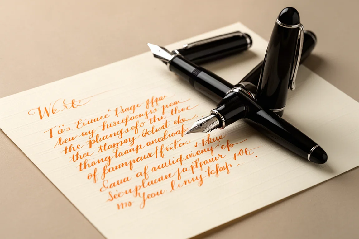Penna stilografica oversize appoggiata su una pagina con campione di scrittura a righe con inchiostro arancio tenue
