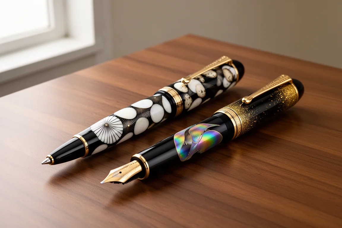 Two black lacquer fountain pens with white eggshell and gold maki-e decoration on a wood desk