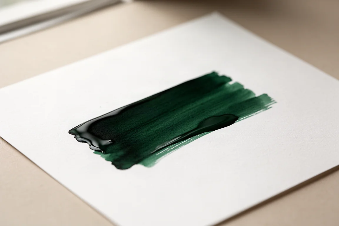 Échantillon d'encre verte séchant sur du papier Tomoe River blanc