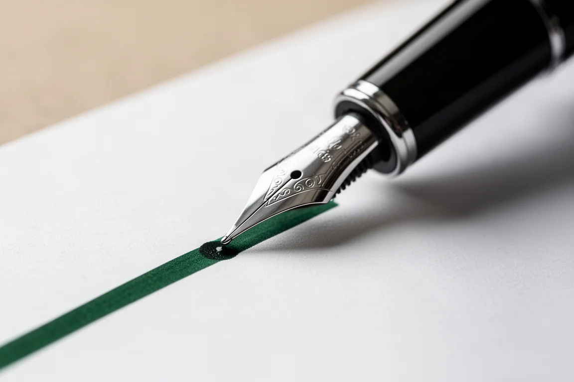 Plume extra-fine de stylo plume écrivant à l'encre verte sur papier Rhodia