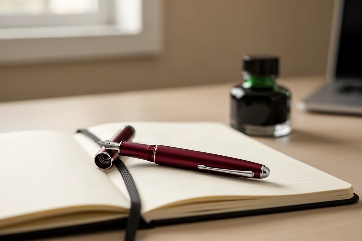 Stylo plume et petit flacon d'encre sur un bureau, à côté de carnets