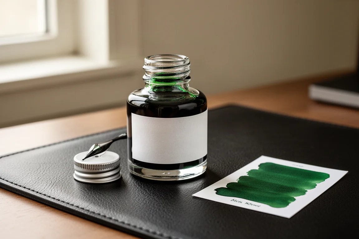 Small squat glass bottle of green fountain pen ink on a dark leather desk mat