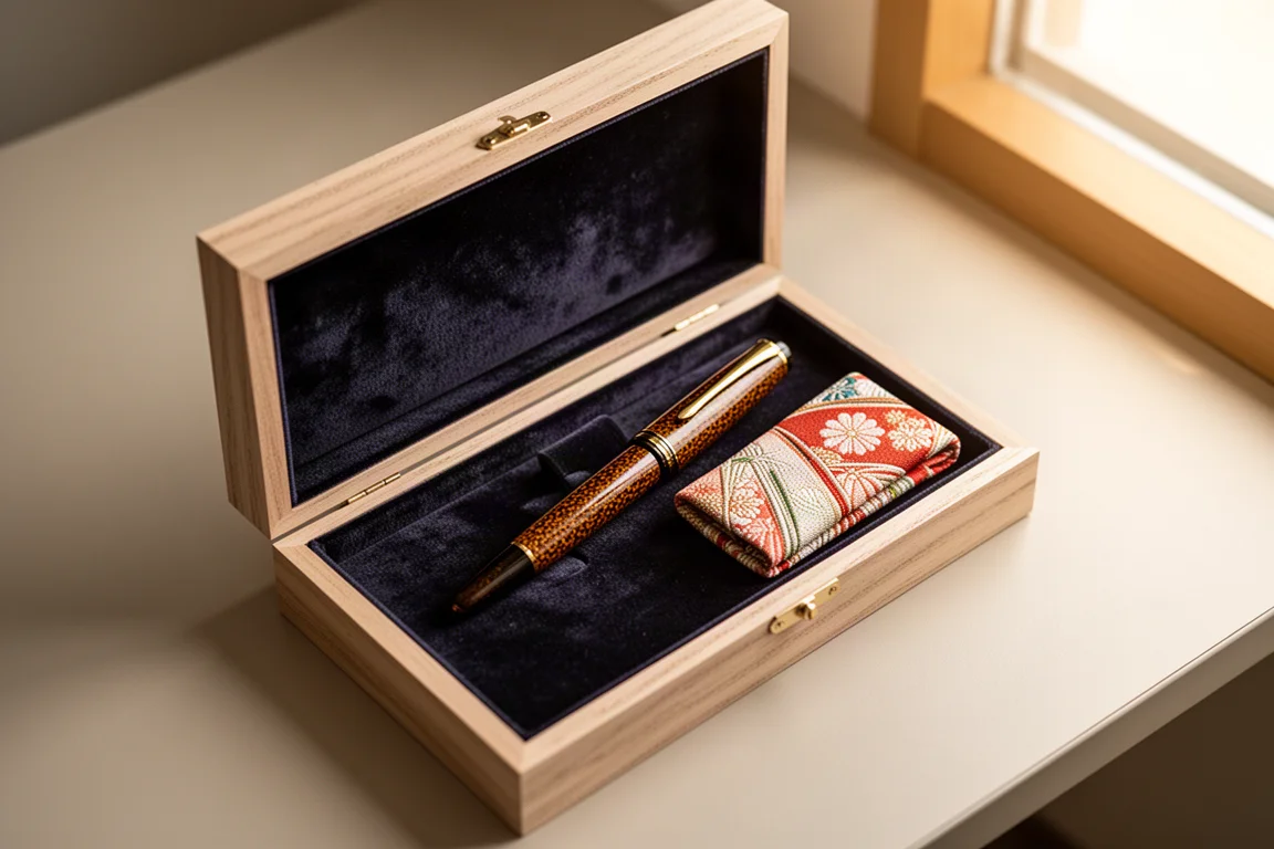 Urushi fountain pen resting in a soft wooden presentation box with velvet lining