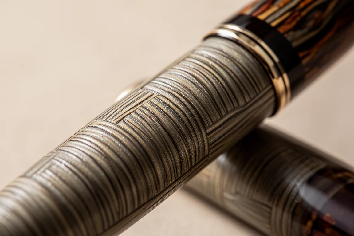Close-up of raised urushi lacquer texture on a fountain pen barrel and section