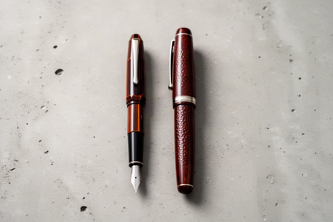 Faceted urushi fountain pen beside a larger round-barrel urushi pen for comparison
