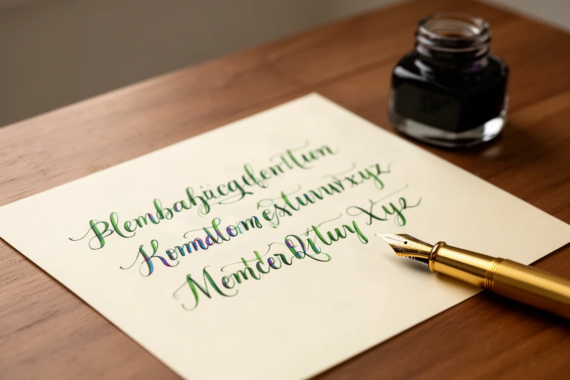 Handwritten fountain pen writing sample page with flowing ink strokes