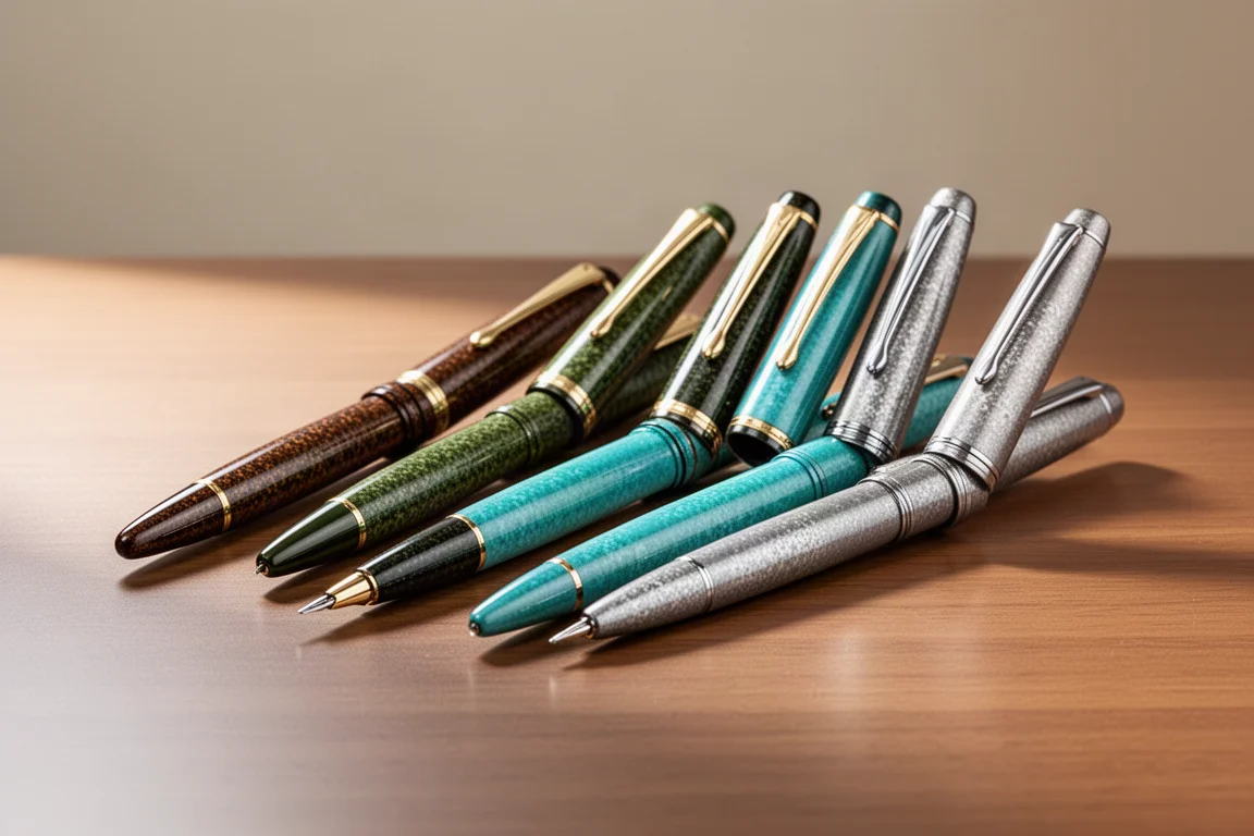 數支色調柔和的漆繪鋼筆排列在木質書桌上