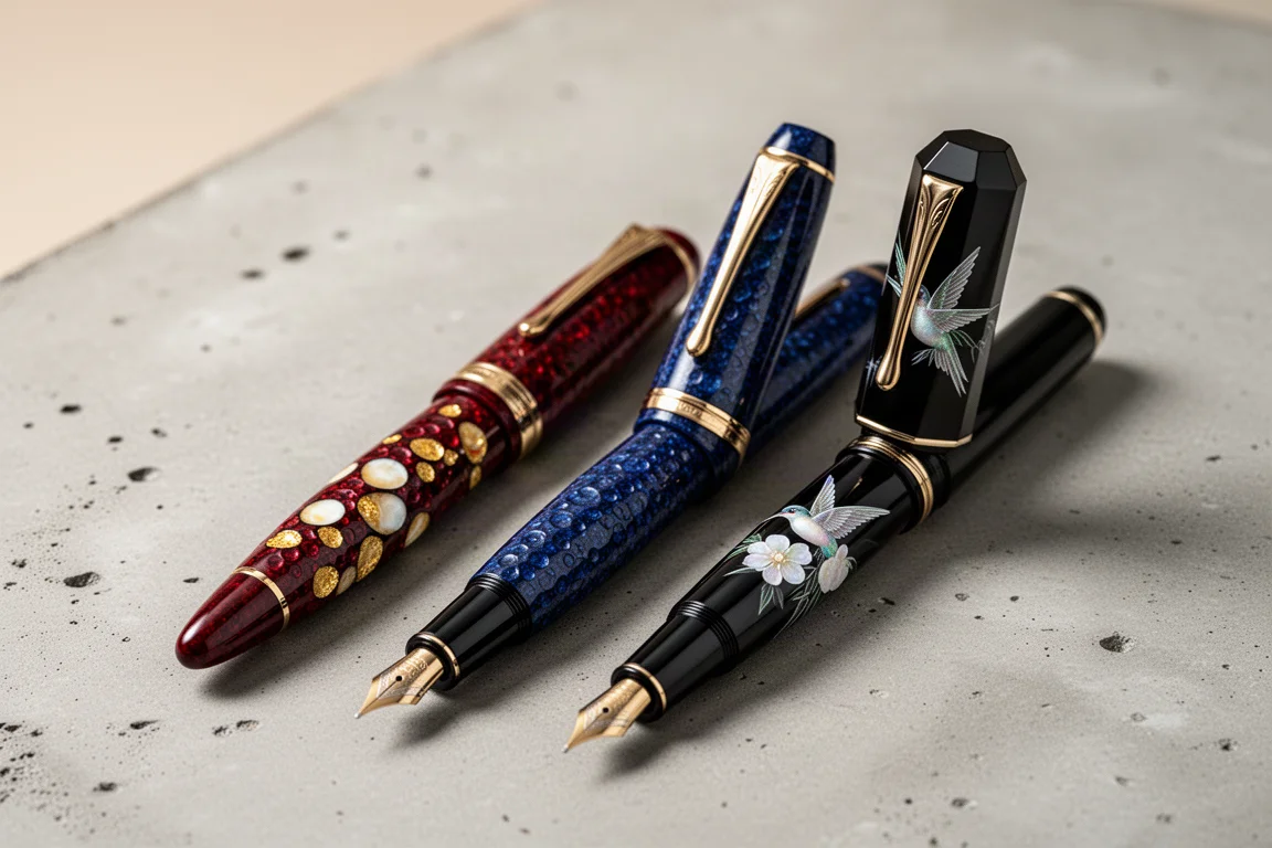 Three luxury urushi fountain pens in red, blue, and black lacquer on a concrete surface