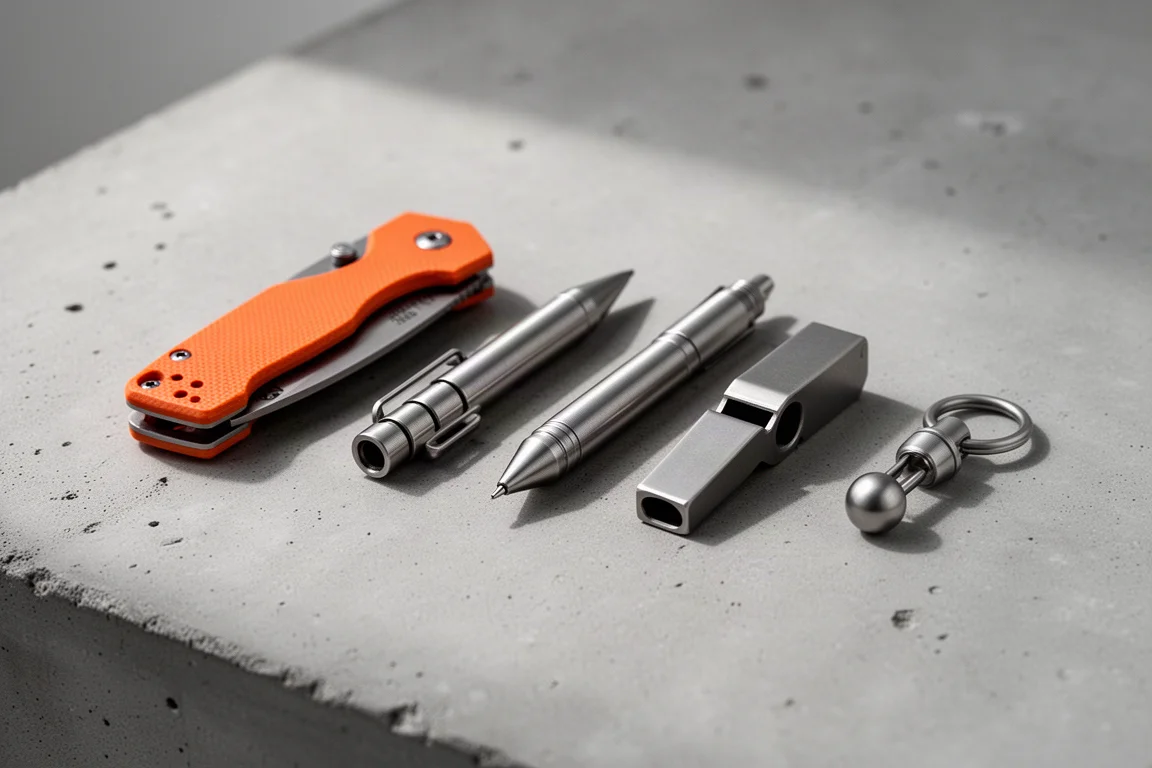 Five titanium EDC tools from the Outdoor Collection arranged in a row on concrete