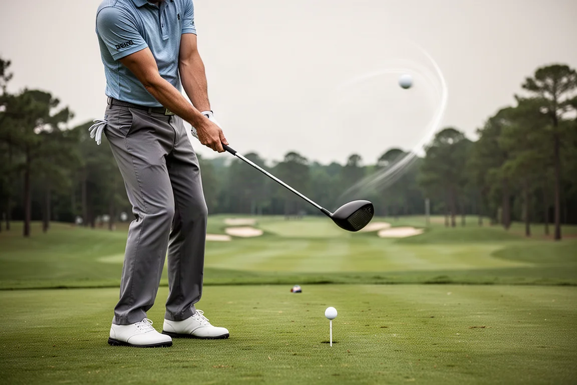 Golfer hitting a fairway wood off the tee on a par five hole