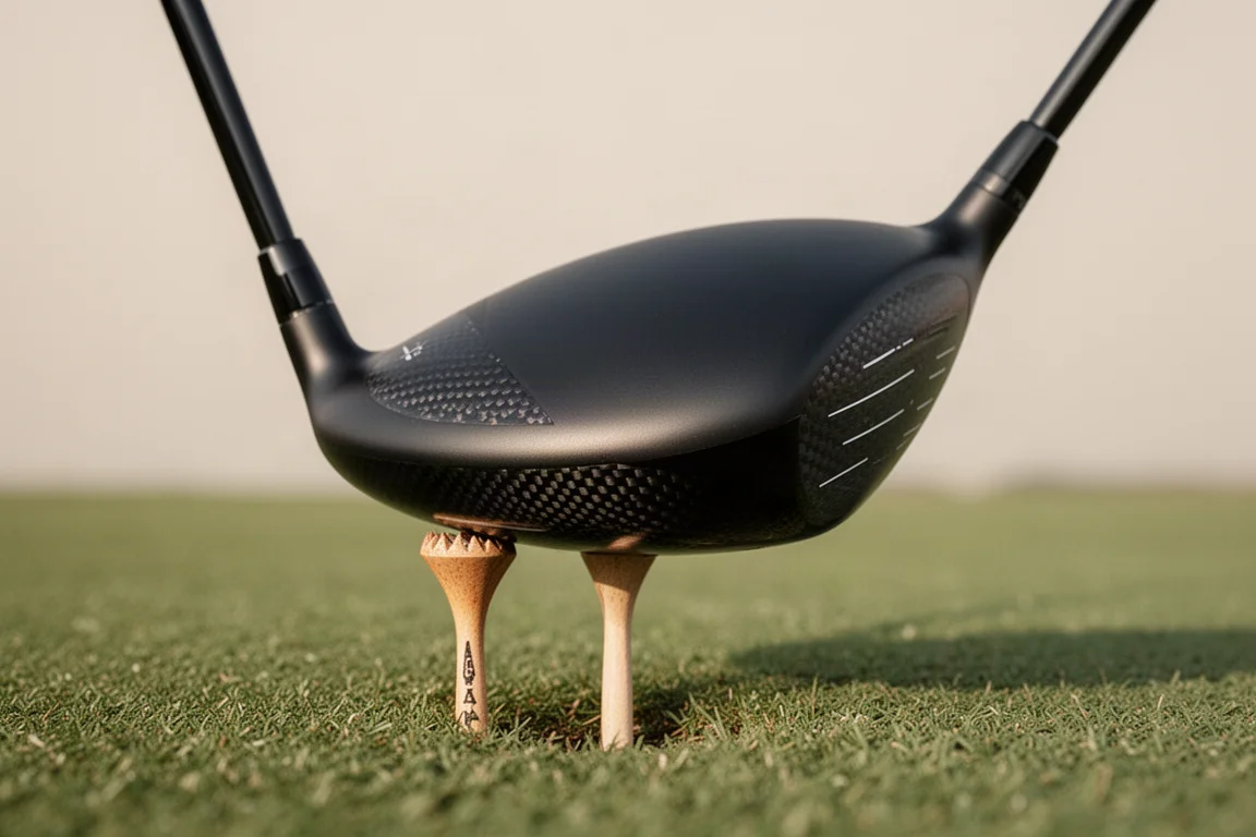 Close-up of a fairway wood head with matte black finish and carbon fiber weave