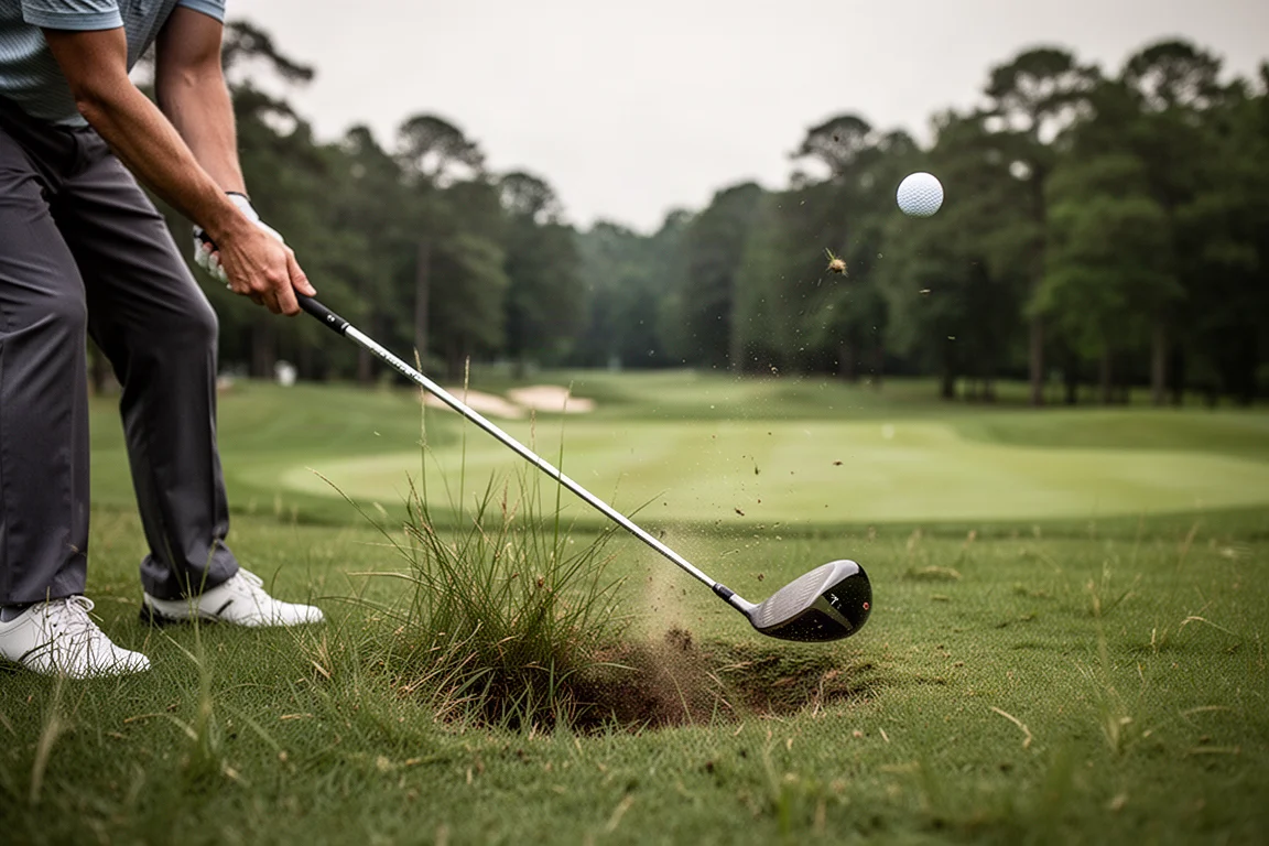 Golfer hitting a seven wood from a rough lie on a golf course