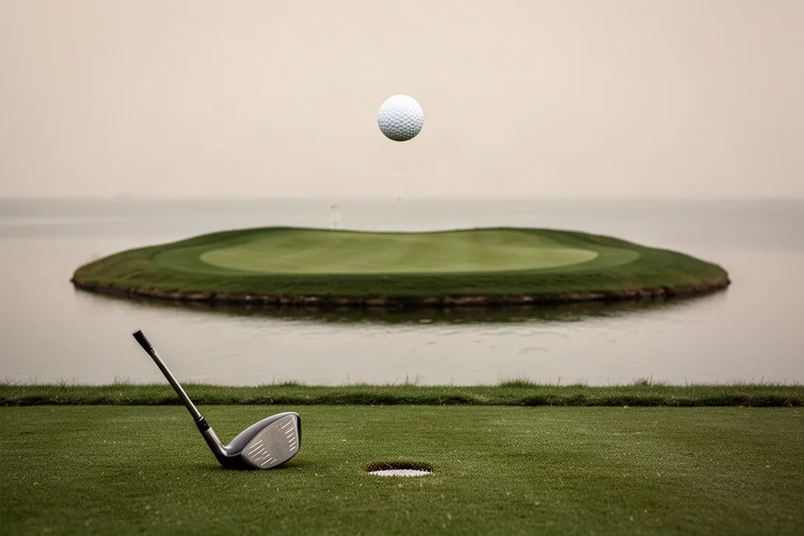 Golf ball landing on an island green surrounded by water