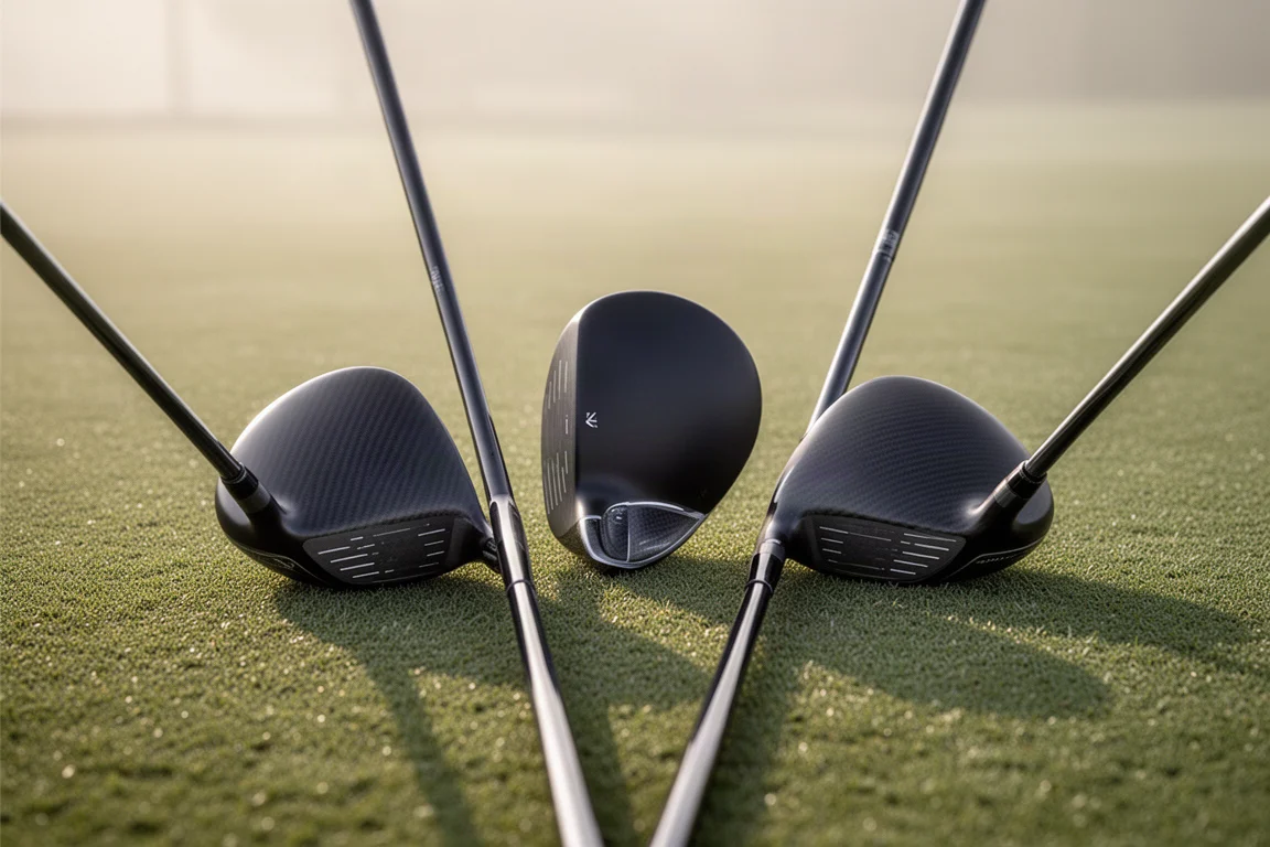 Three Tacoma Ignis 2 fairway woods arranged on a golf fairway