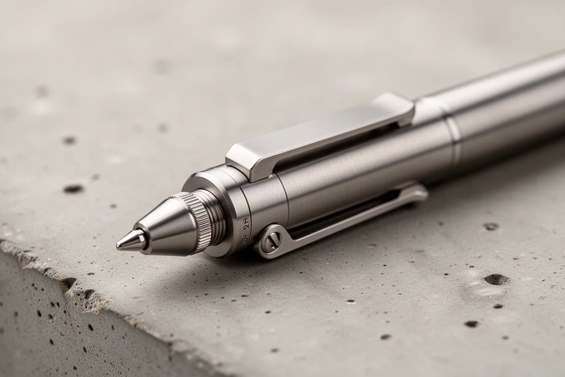 Close-up van een titanium penhuis met een machinaal vervaardigde bolt-action hendel