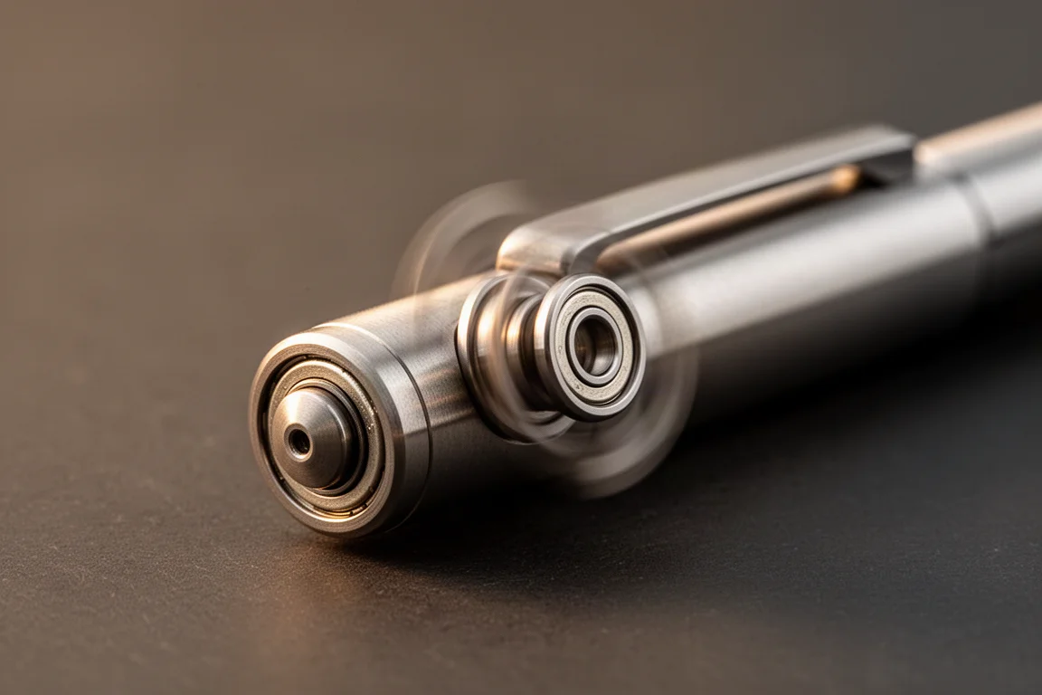Fidget spinner aan de achterkant van een pen, wazig in draai