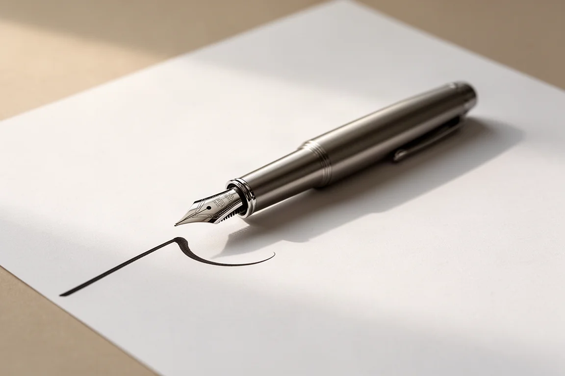 Fountain pen-veer trekt een vloeiende inktlijn op wit papier