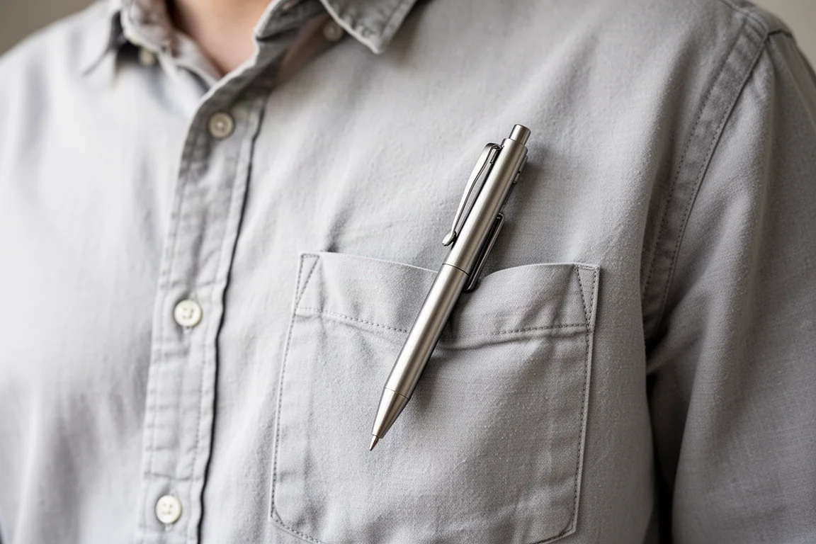 Slanke titanium fountain pen met clip in een hemdzak
