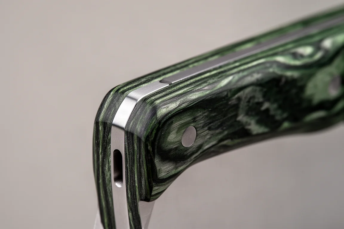 Groene gemarmerde carbon fiber handschaal vanaf de rand bekeken, met zichtbaar ingelegde liner