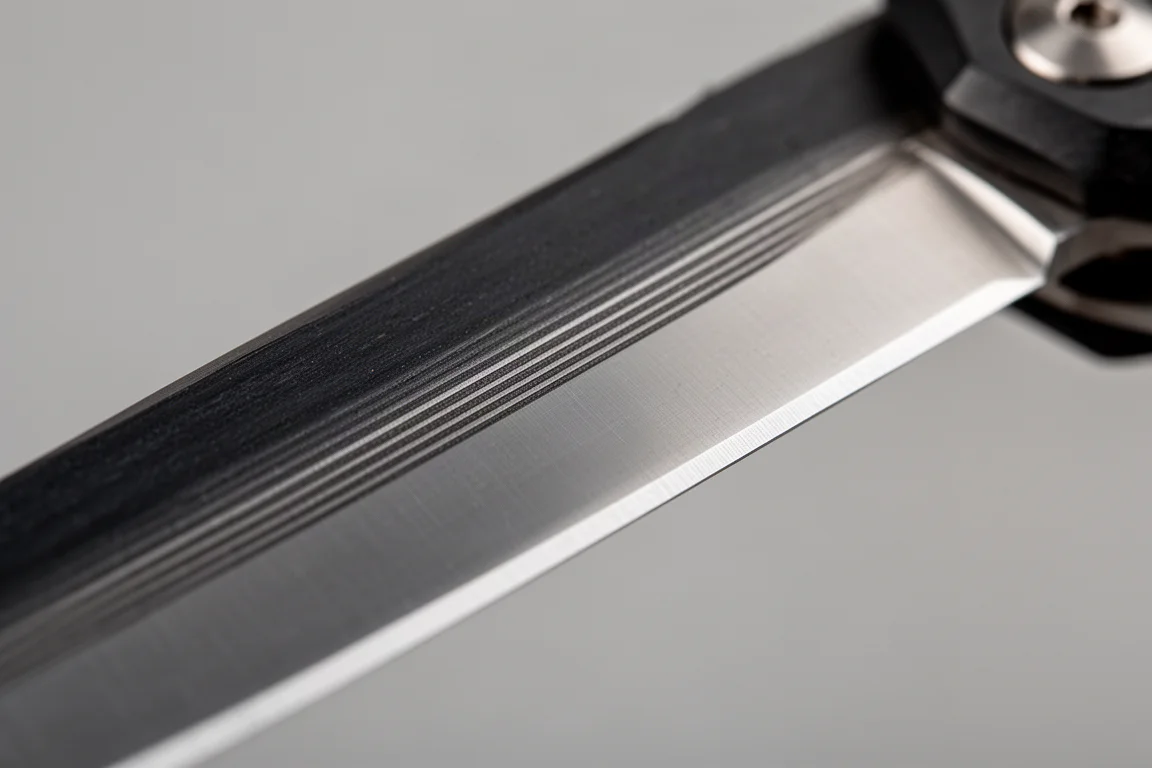 Nahaufnahme einer Taschenmesser-Klinge mit sichtbarer Laminatstahl-Linie