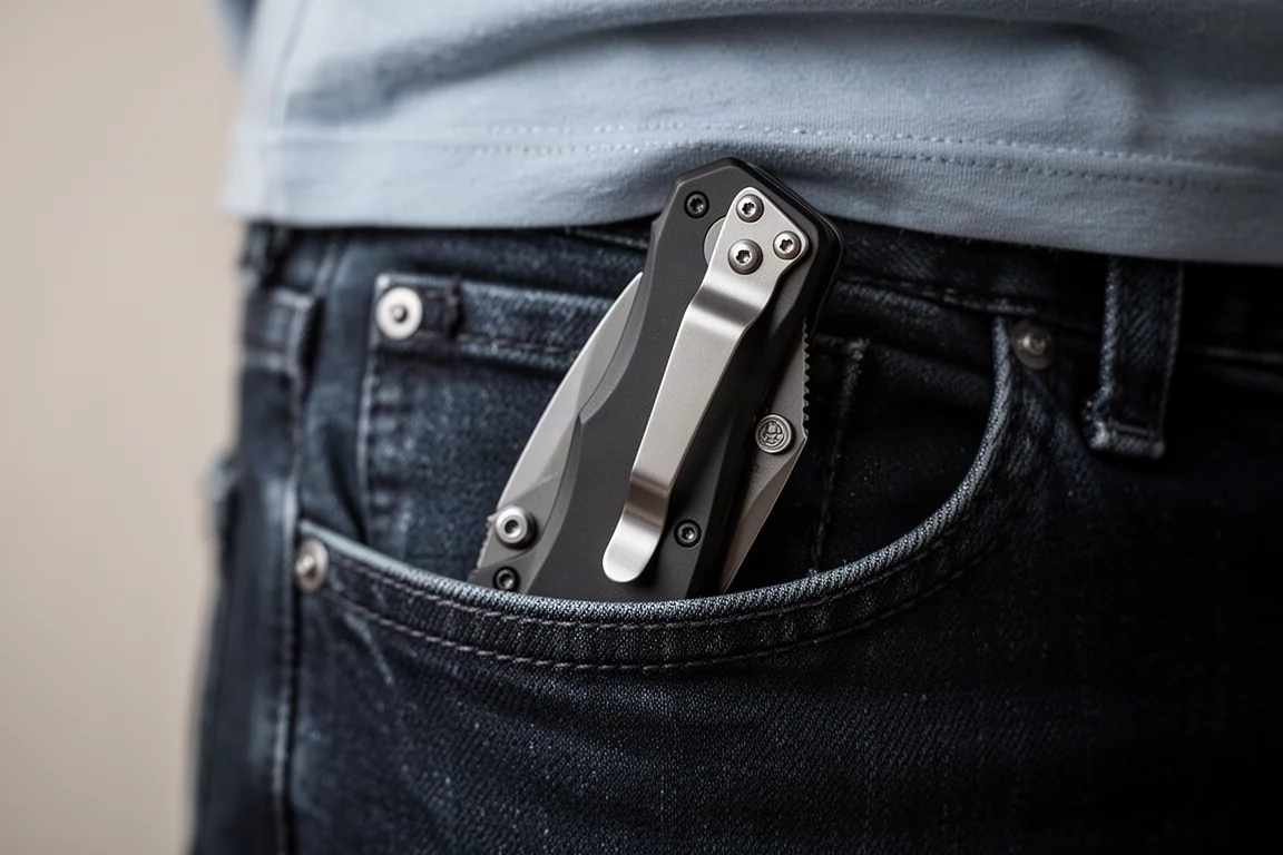 Schlankes schwarzes Taschenmesser, an einer Jeanstasche geclippt