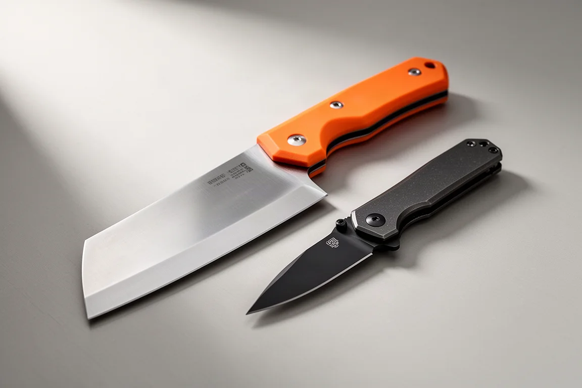 TacRay Meg and Taran 2 folding knives side by side on a grey surface