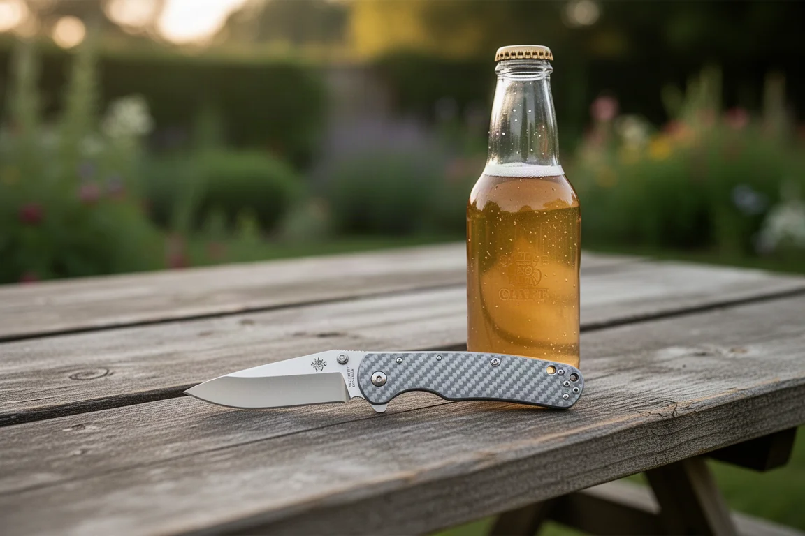 Klappmesser mit Glasflasche auf dem Gartentisch bei einem Barbecue