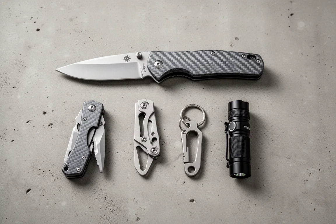 Flat-Lay mit Taschenwerkzeugen und Klappmesser auf Beton