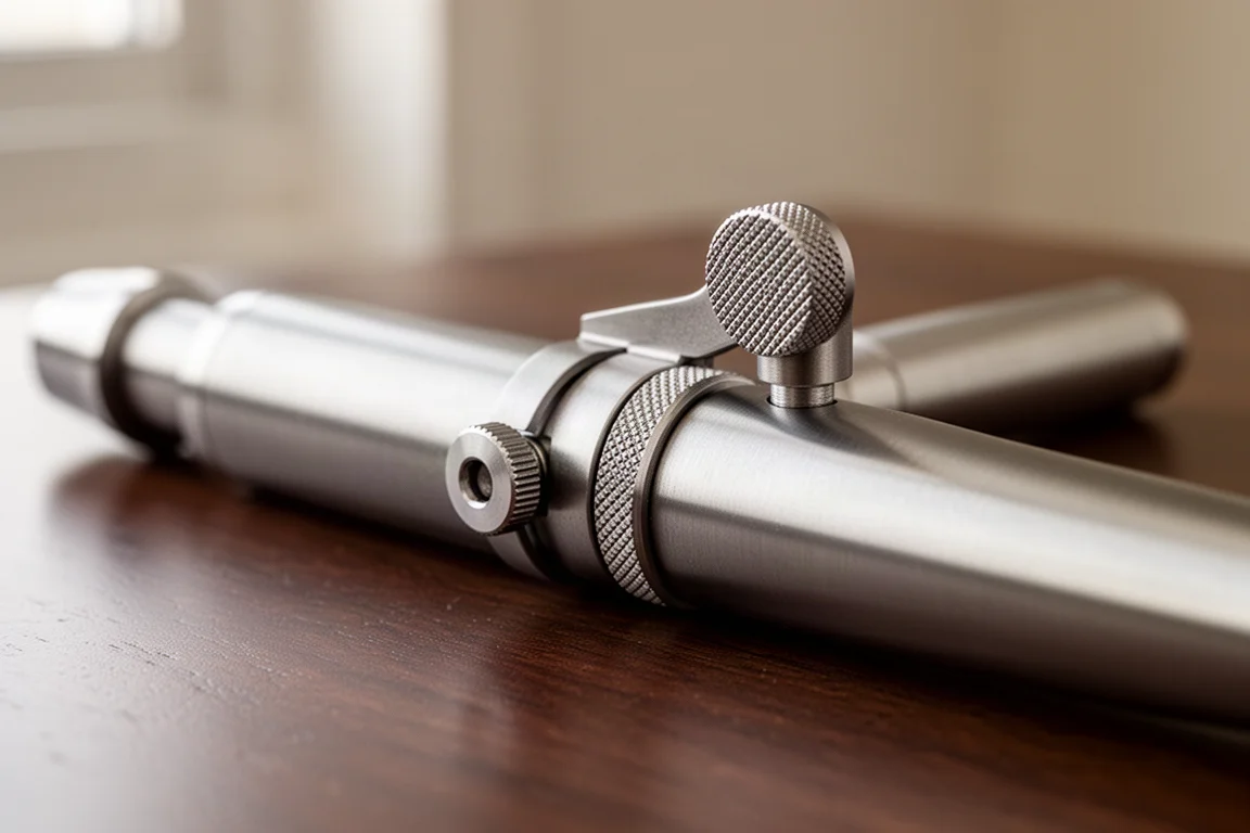 Zbliżenie na titanium'owy mechanizm z zapadką na drewnianym biurku